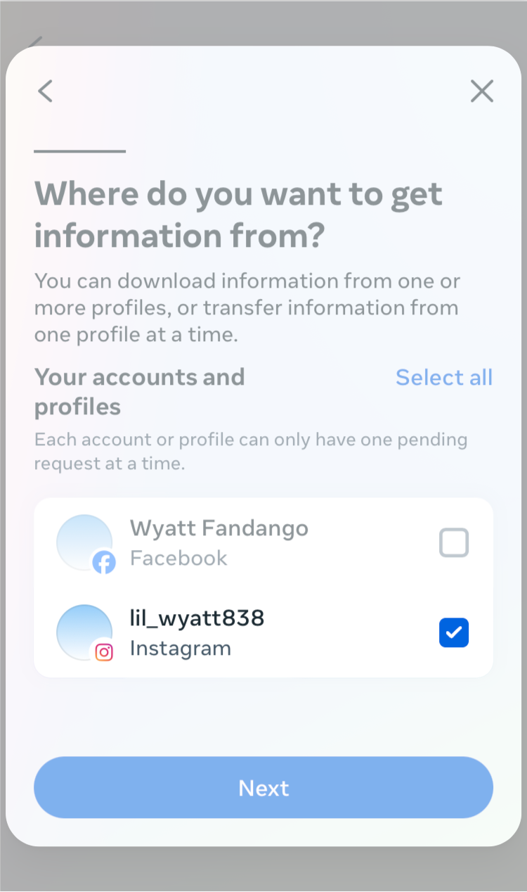 A selection list of your Meta accounts. One single Instagram account is selected.